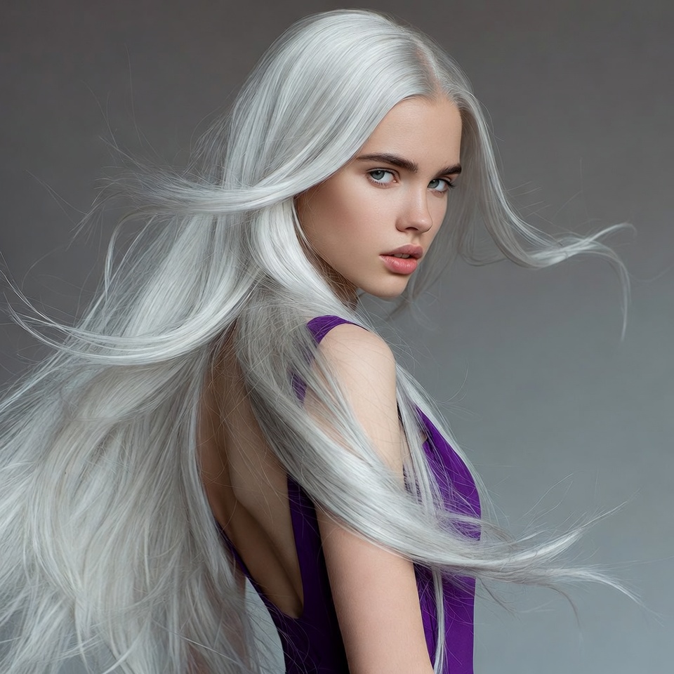 Woman with long silver hair posing Woman with long silver hair posing