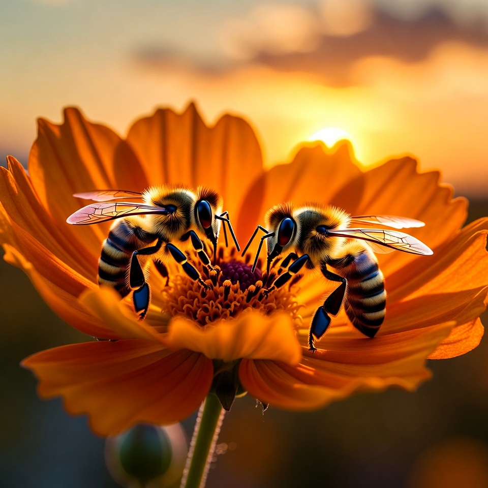 Bees gather pollen on flower Bees gather pollen on flower