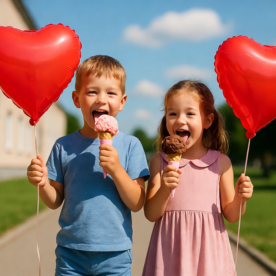 Kids enjoying ice cream and hearts Kids enjoying ice cream and hearts