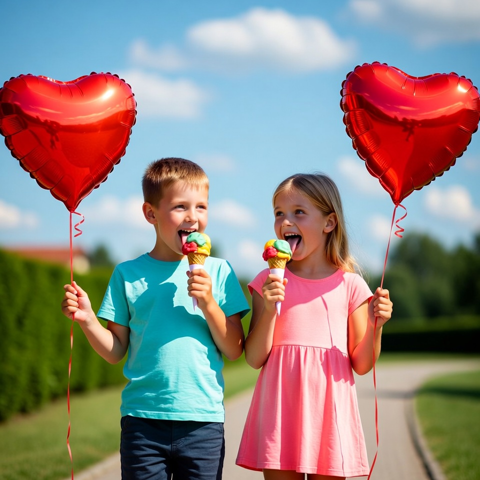 Kids enjoy ice cream with heart balloons Kids enjoy ice cream with heart balloons