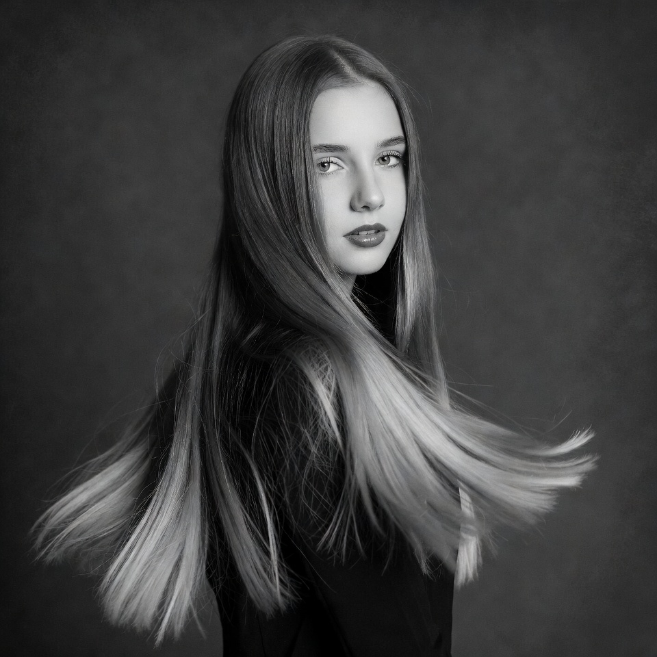 Young girl with long hair in motion Young girl with long hair in motion