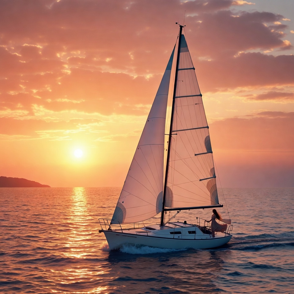 Sailboat at sunset on calm water Sailboat at sunset on calm water