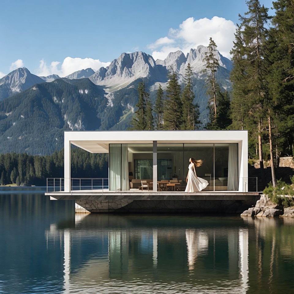 Modern house by lake in mountains Modern house by lake in mountains