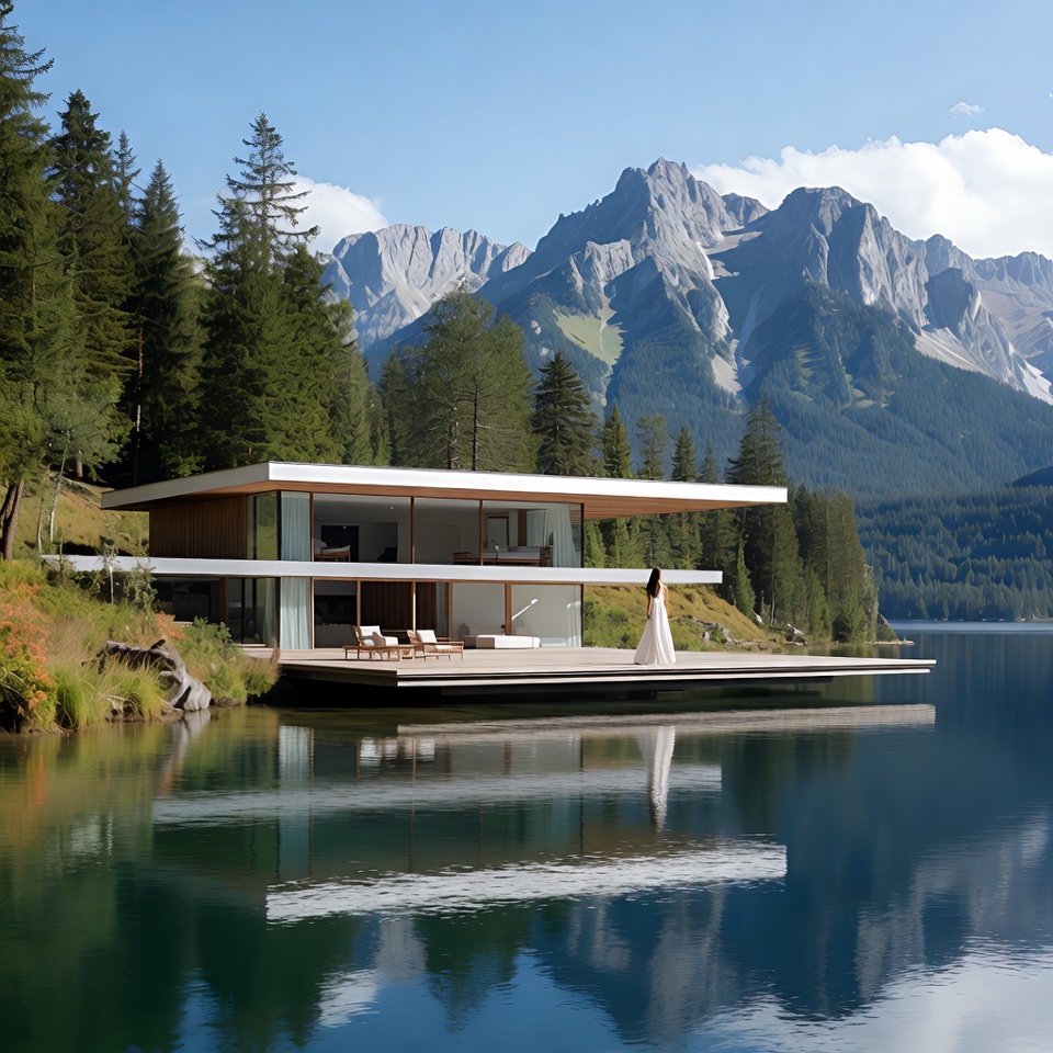 Modern house by the lake with mountain view Modern house by the lake with mountain view