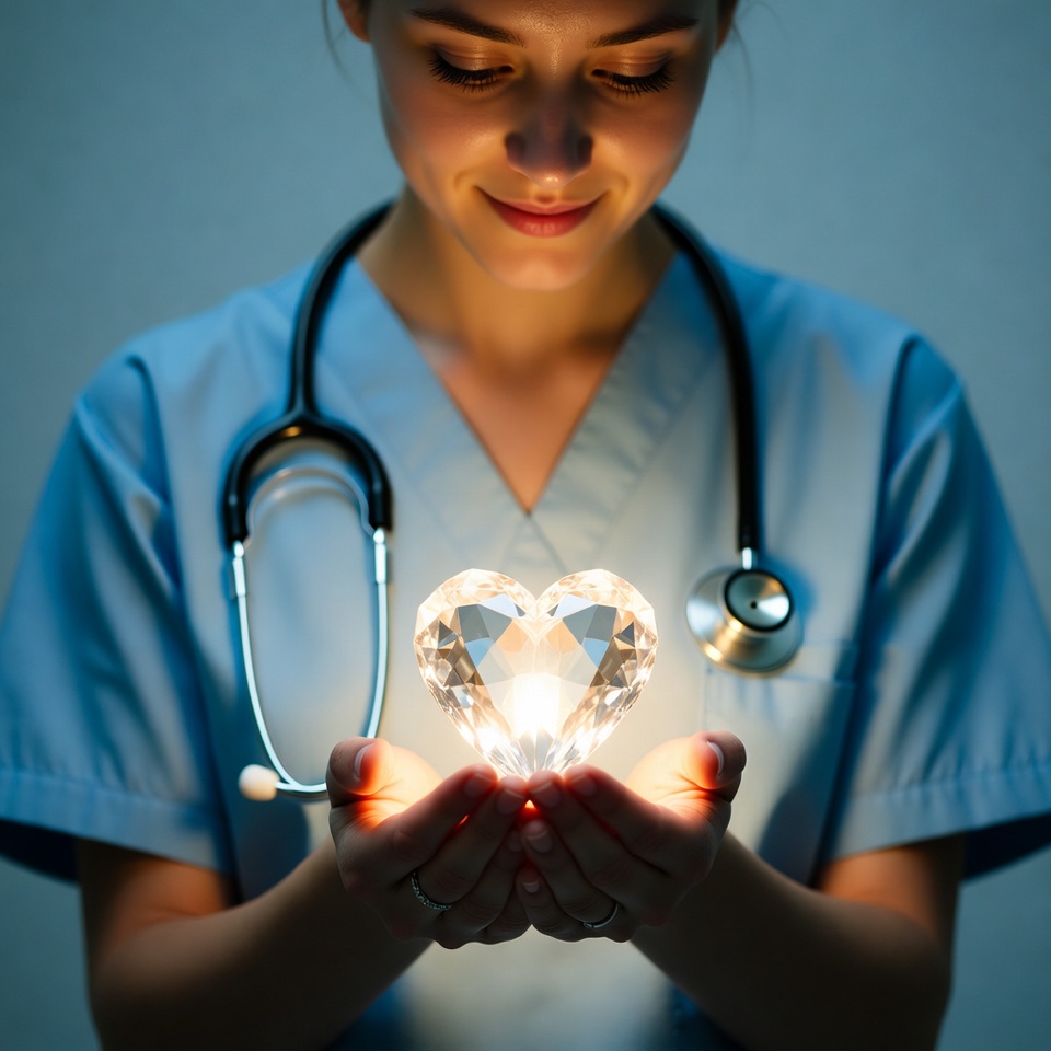 Nurse holding a crystal heart at night Nurse holding a crystal heart at night