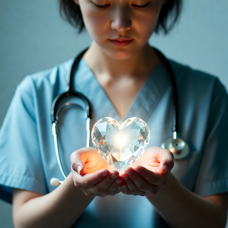 Nurse holds heart-shaped crystal in hands Nurse holds heart-shaped crystal in hands