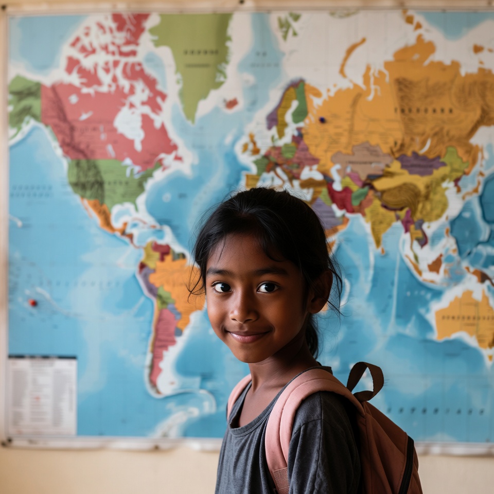 Girl with backpack in front of world map Girl with backpack in front of world map