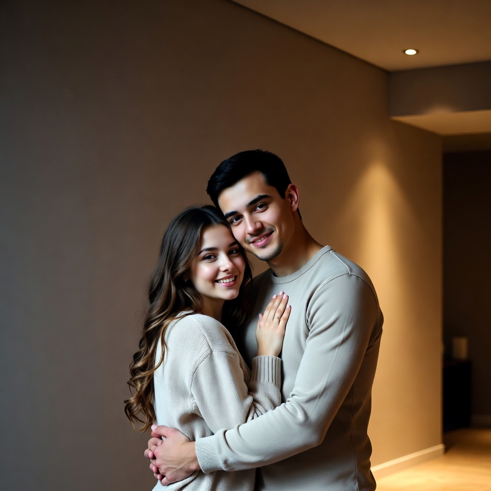 Couple embraces in modern room Couple embraces in modern room