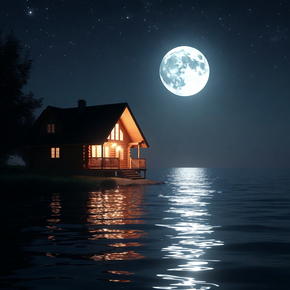 Log cabin by the lake at night Log cabin by the lake at night