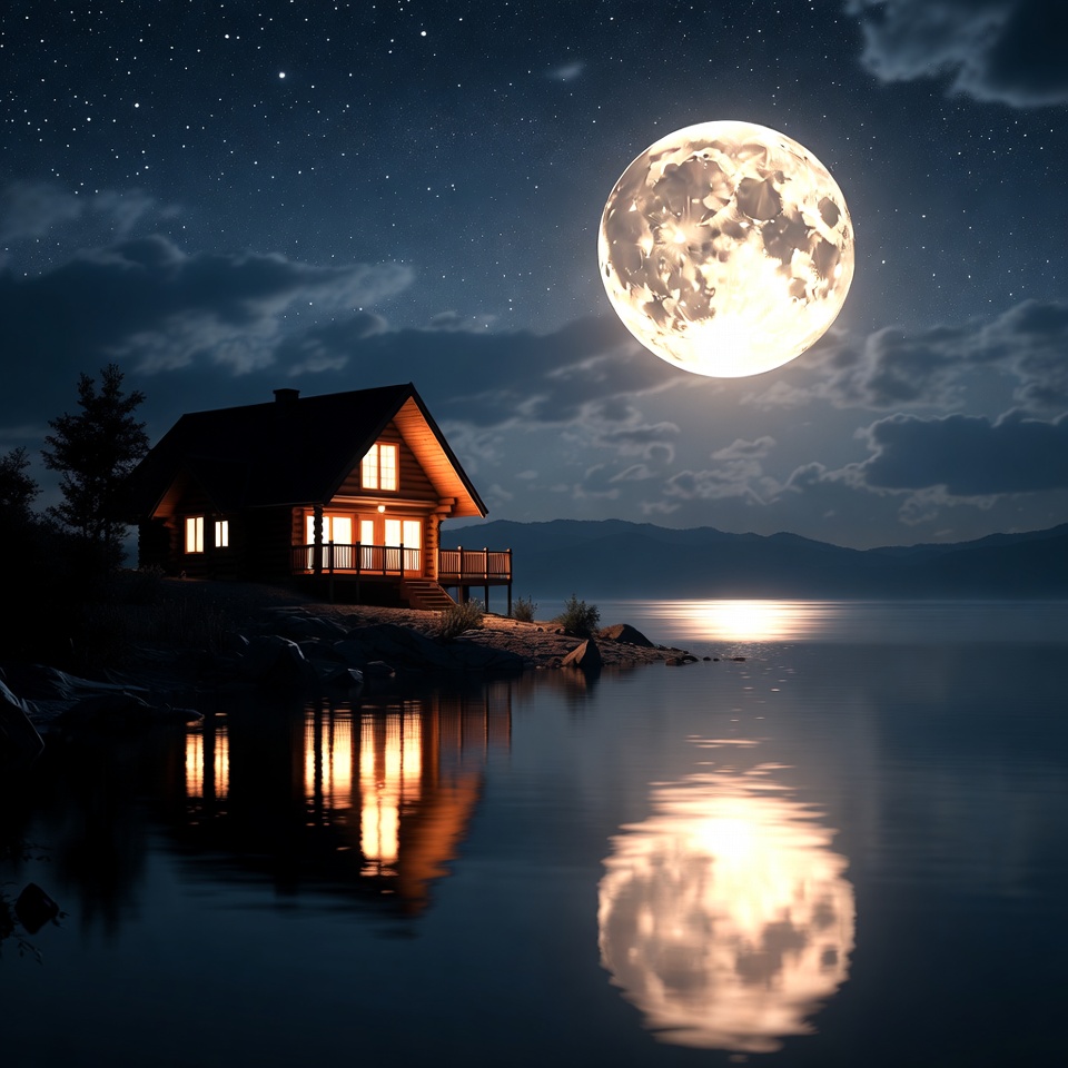 Moonlit cabin by the lake Moonlit cabin by the lake