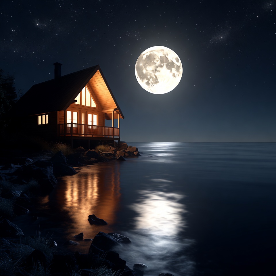 Bright moon over house by water Bright moon over house by water