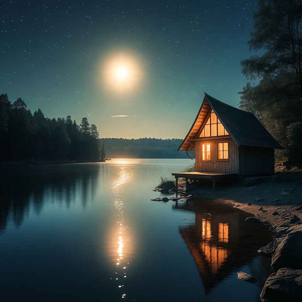 Cabin by moonlit lake at night Cabin by moonlit lake at night
