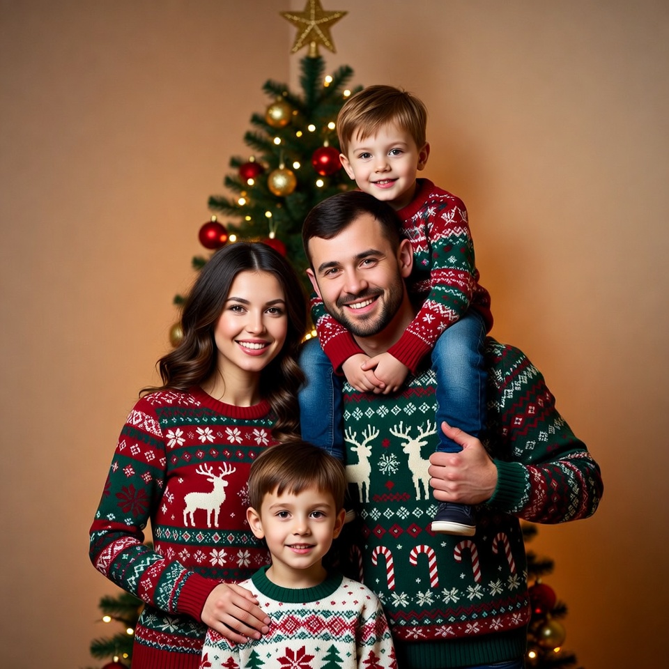 Family celebrates christmas in sweaters Family celebrates christmas in sweaters
