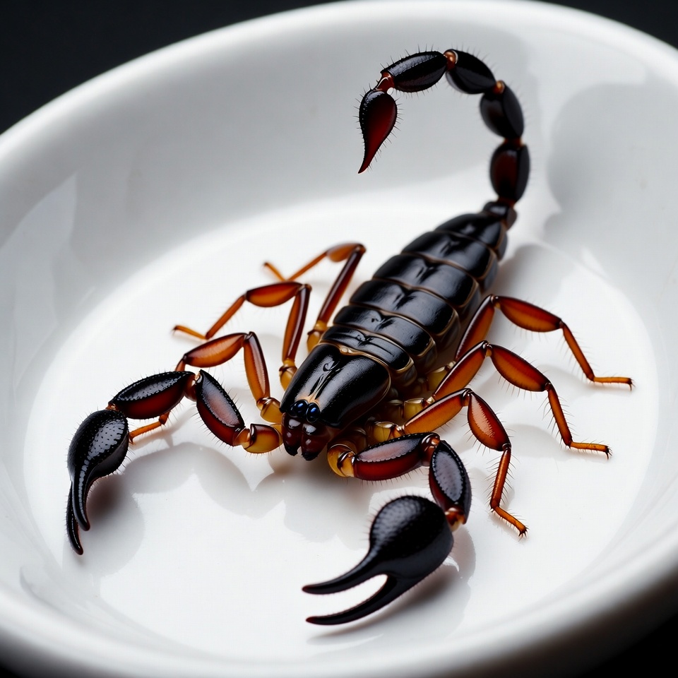 Scorpion on white plate displayed indoors Scorpion on white plate displayed indoors