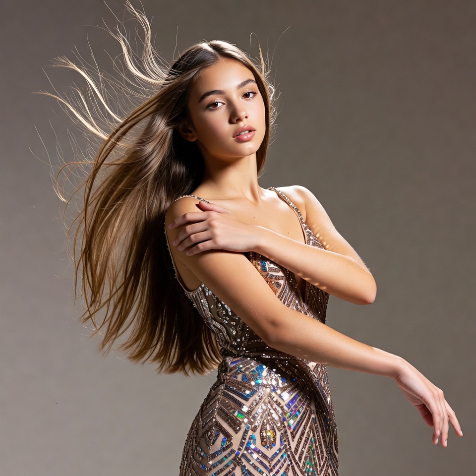 Model poses in shimmering dress Model poses in shimmering dress