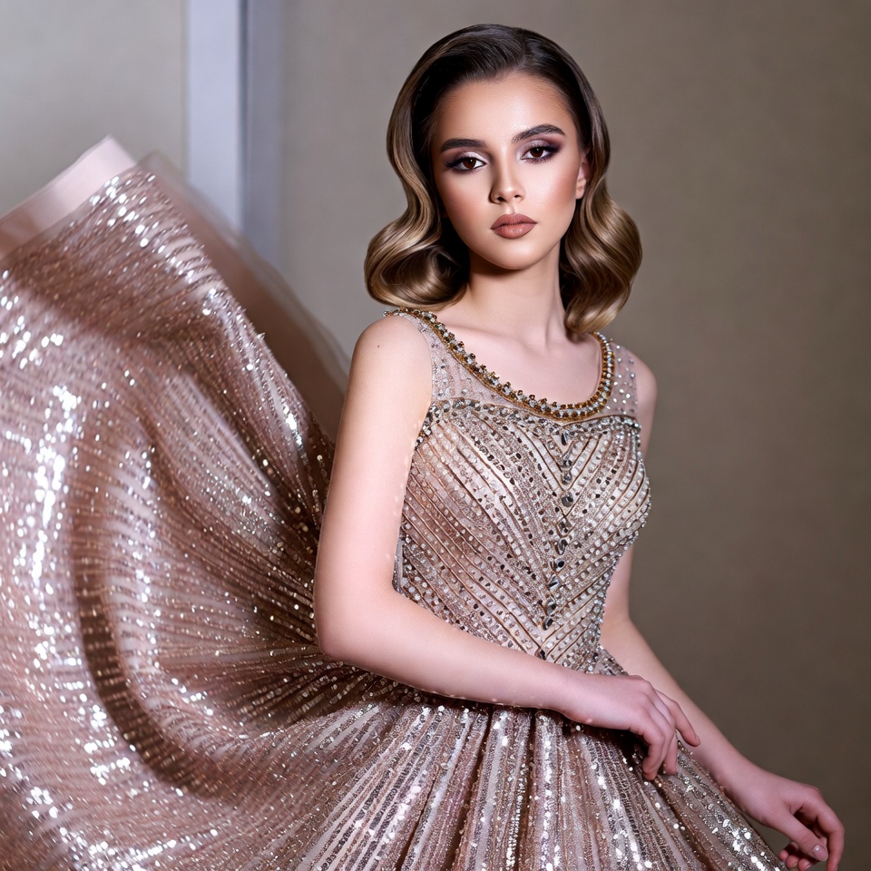 Model in shimmering dress during studio shoot Model in shimmering dress during studio shoot