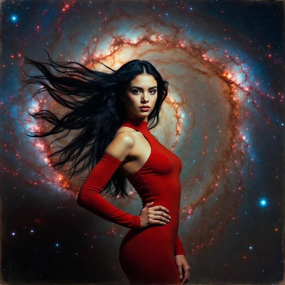 Woman poses against galaxy background Woman poses against galaxy background