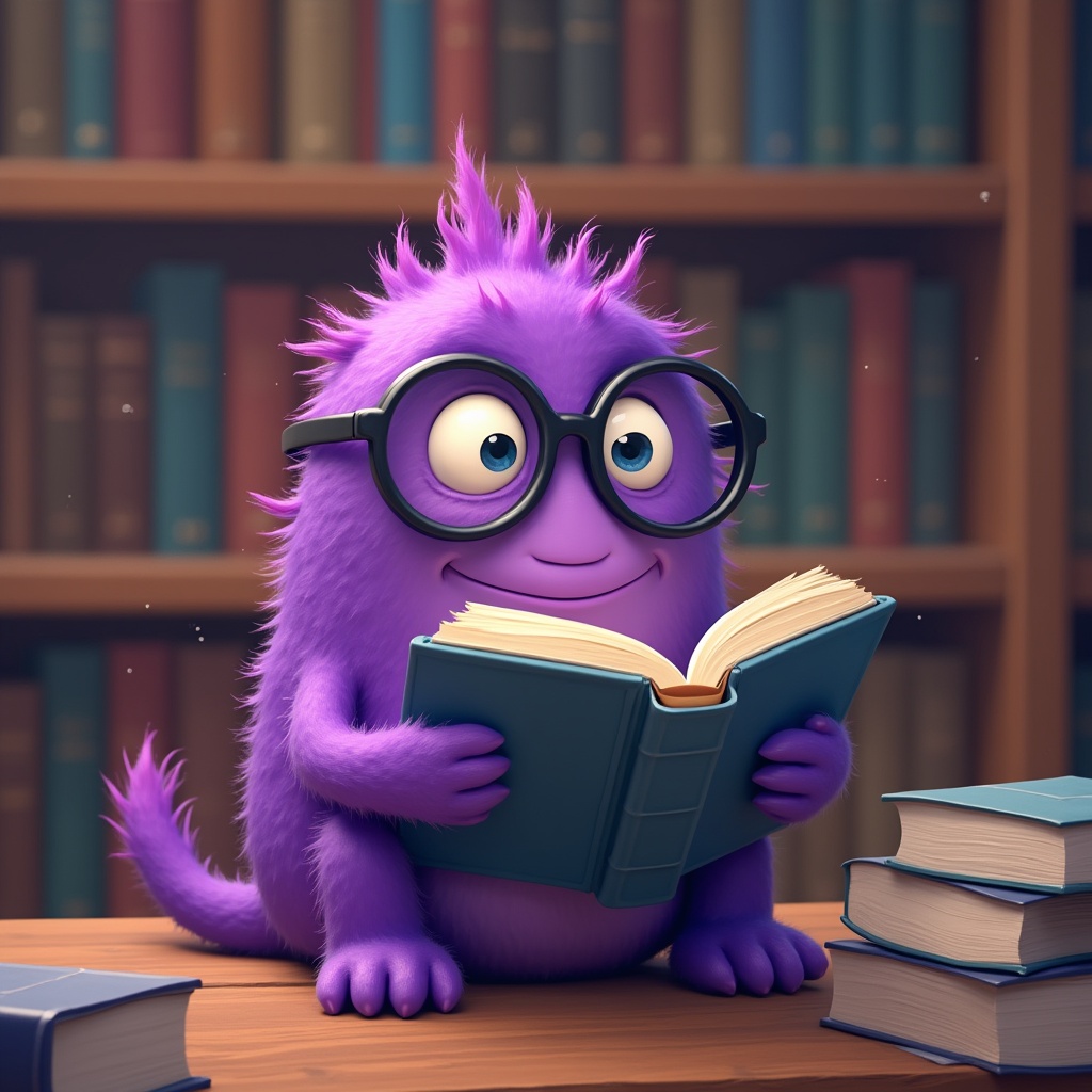Purple creature reading in library Purple creature reading in library