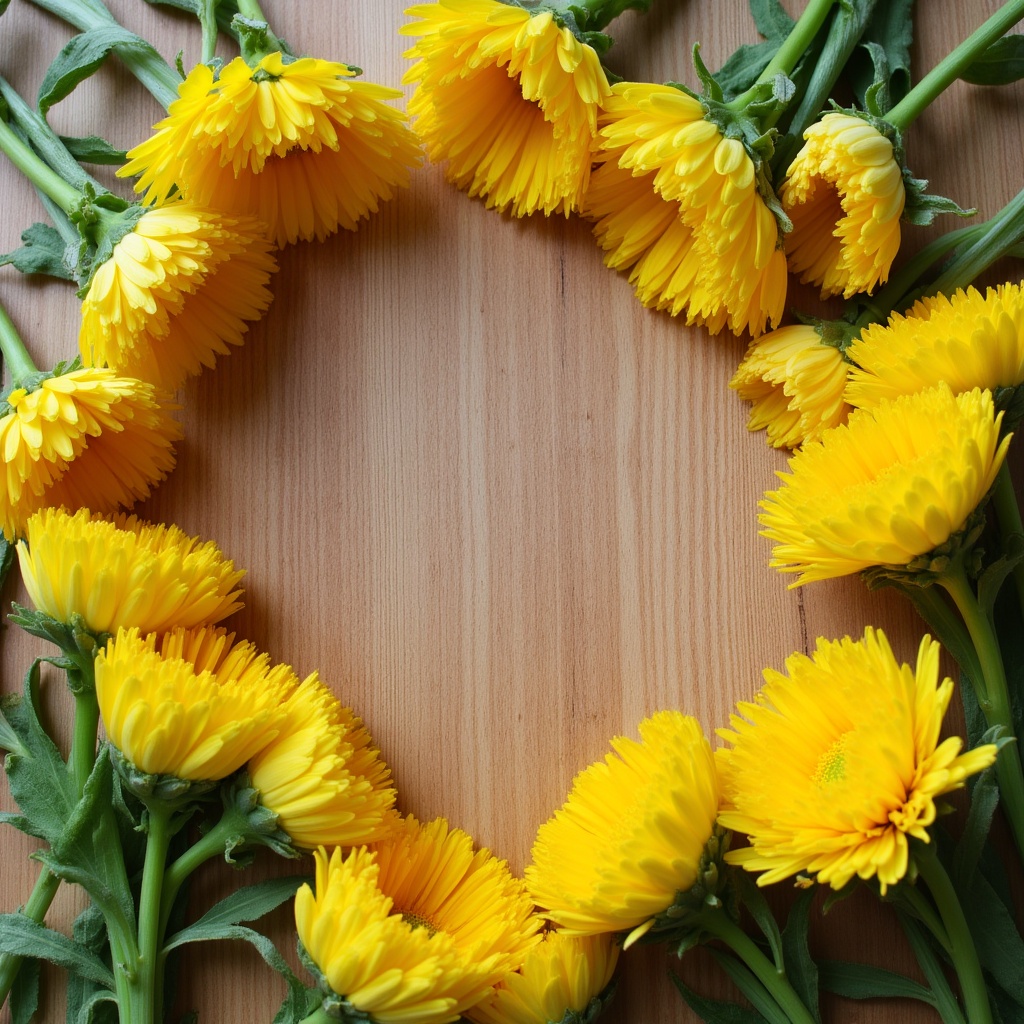 Yellow flowers arranged in a circle on wood Yellow flowers arranged in a circle on wood