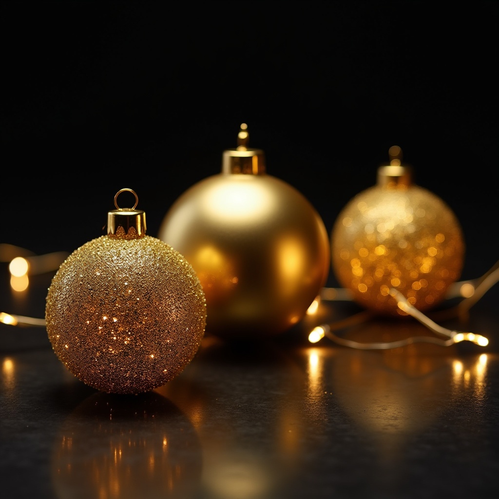 Golden christmas ornaments on display Golden christmas ornaments on display