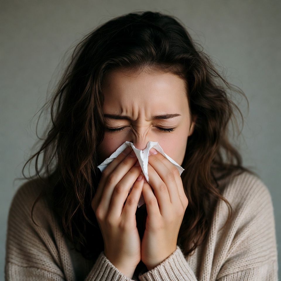Woman sneezes into tissue indoors Woman sneezes into tissue indoors