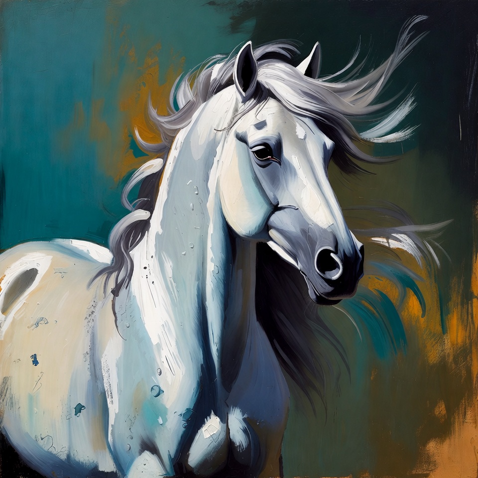 White horse with flowing mane in art White horse with flowing mane in art