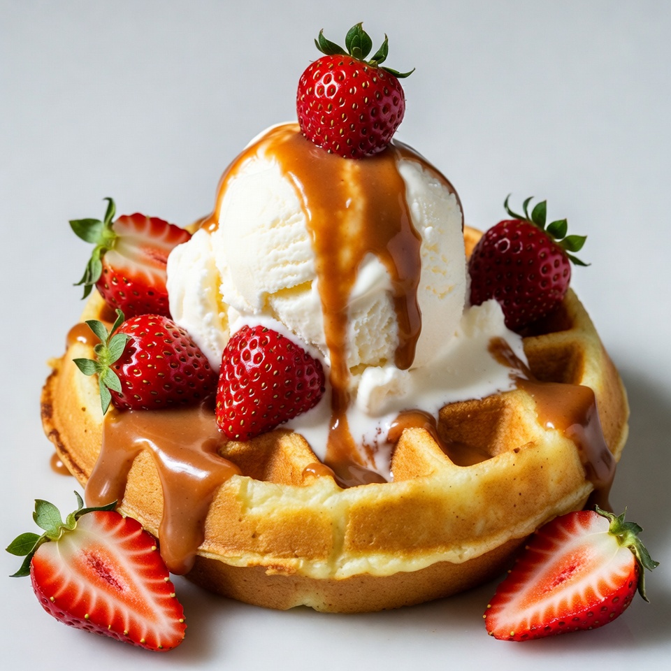 Waffle with ice cream and strawberries Waffle with ice cream and strawberries