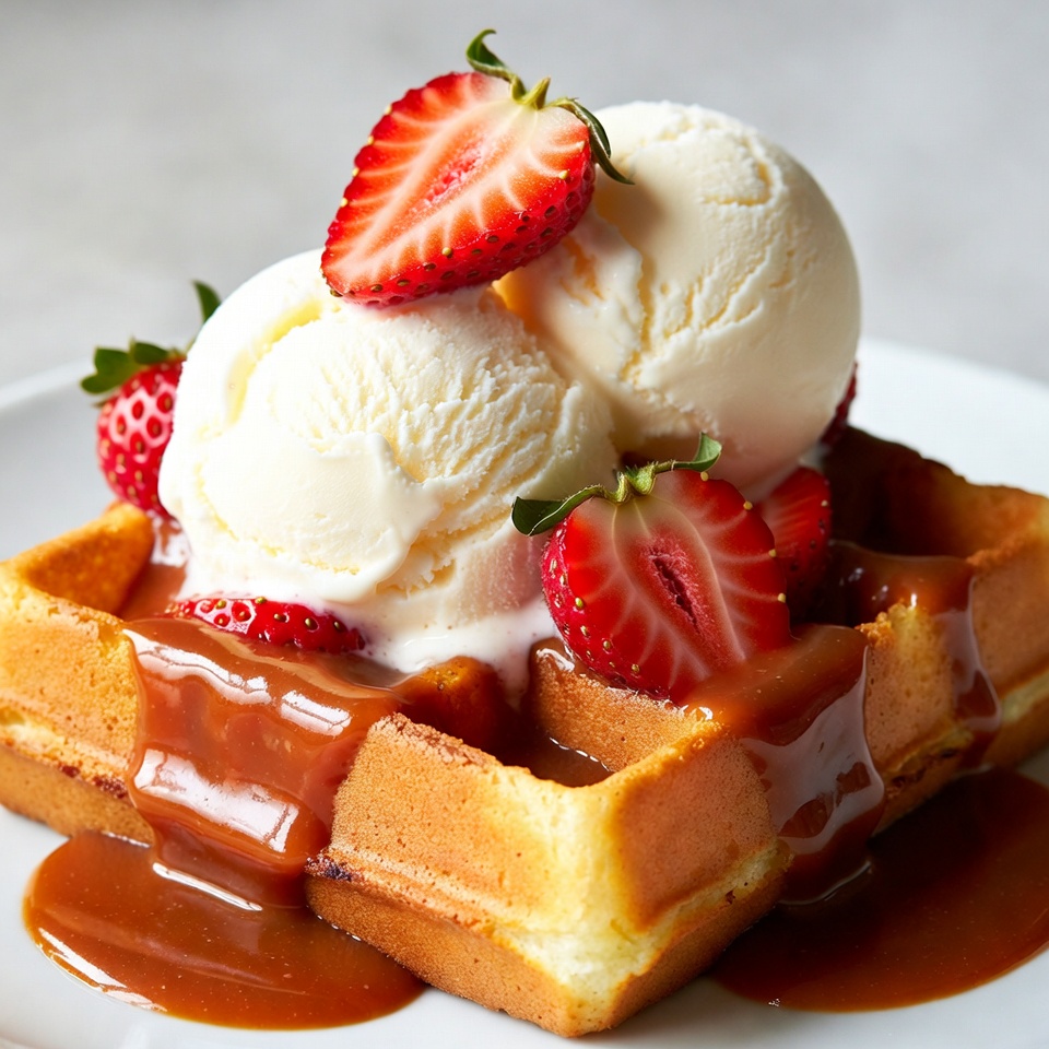 Waffle with ice cream and strawberries Waffle with ice cream and strawberries