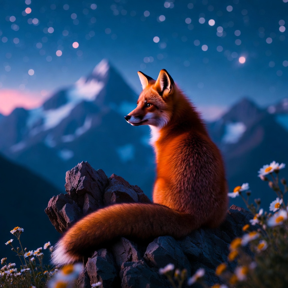 Fox sitting on rock at dusk Fox sitting on rock at dusk