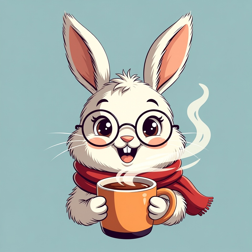 Happy rabbit holding a warm drink Happy rabbit holding a warm drink