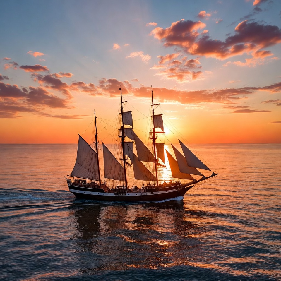 Sailboat crossing the ocean at sunset Sailboat crossing the ocean at sunset