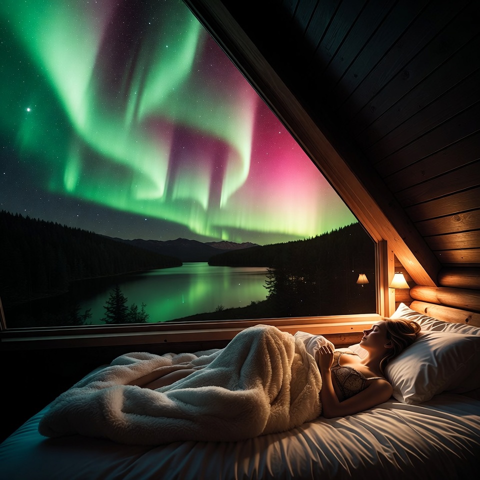 Aurora borealis seen from a cabin Aurora borealis seen from a cabin