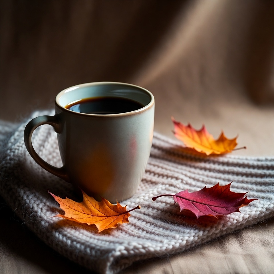 Coffee with autumn leaves on blanket Coffee with autumn leaves on blanket