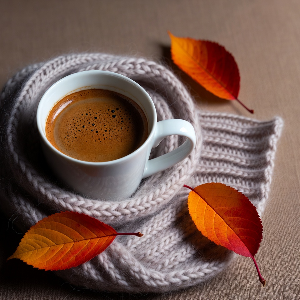 Coffee on a cozy scarf with leaves Coffee on a cozy scarf with leaves