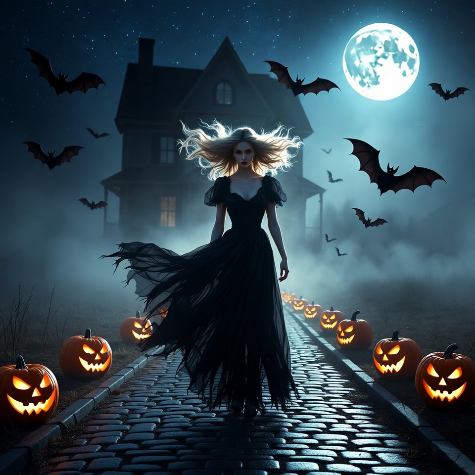 Woman in black dress on halloween night Woman in black dress on halloween night