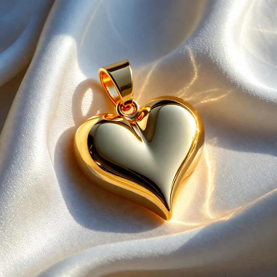 Heart-shaped gold pendant on fabric Heart-shaped gold pendant on fabric