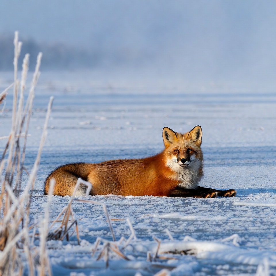 Red fox resting in snow Red fox resting in snow