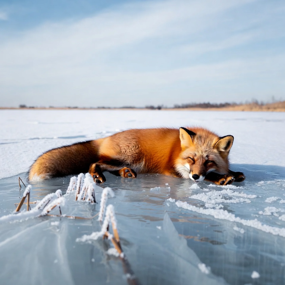 Fox resting on ice in winter Fox resting on ice in winter