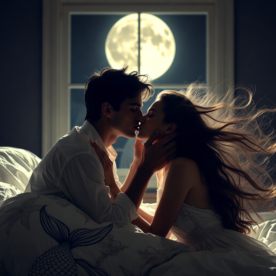 Couple kissing under a full moon Couple kissing under a full moon