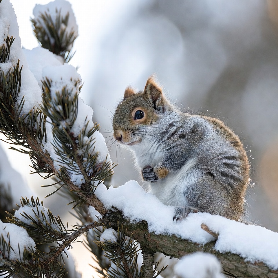 Squirrel on branch in winter Squirrel on branch in winter