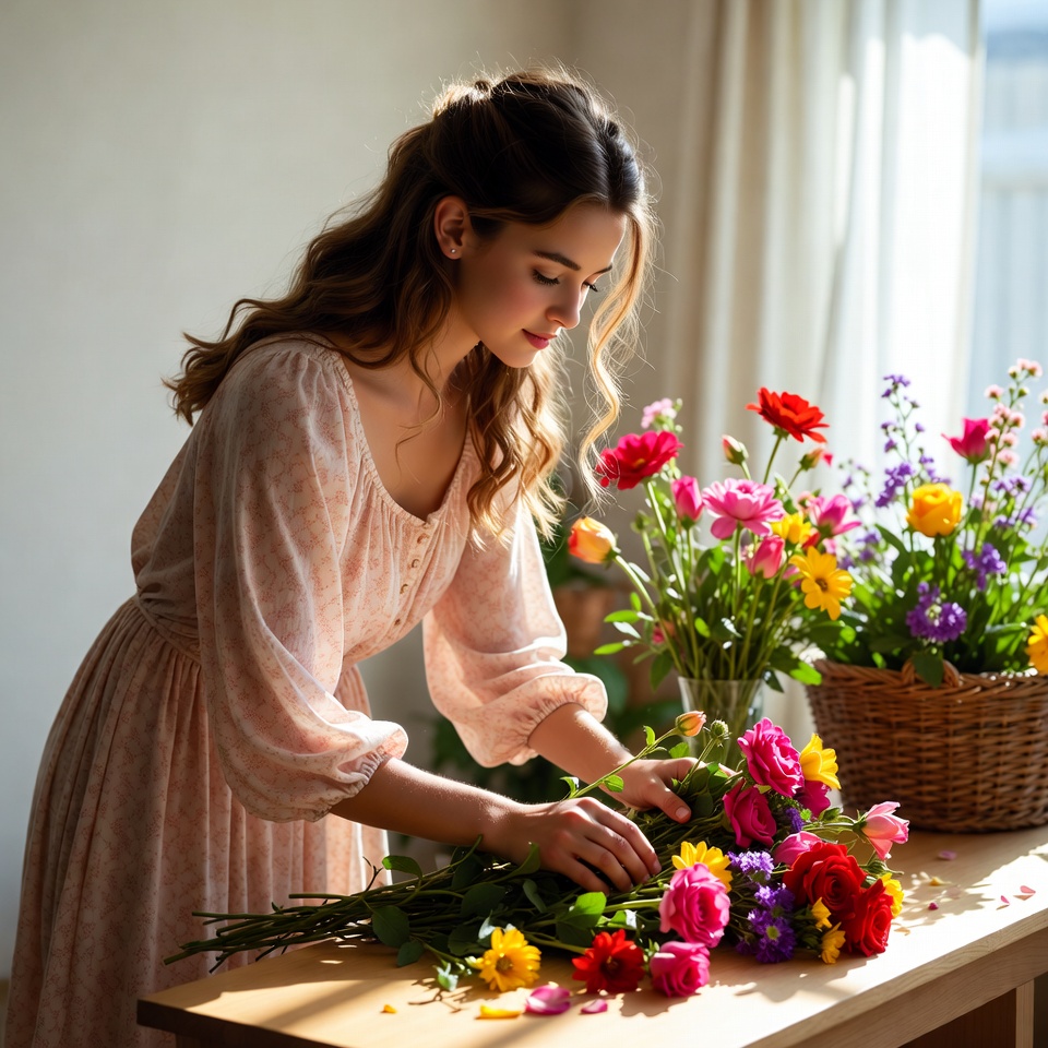 Woman arranging flowers at home table Woman arranging flowers at home table