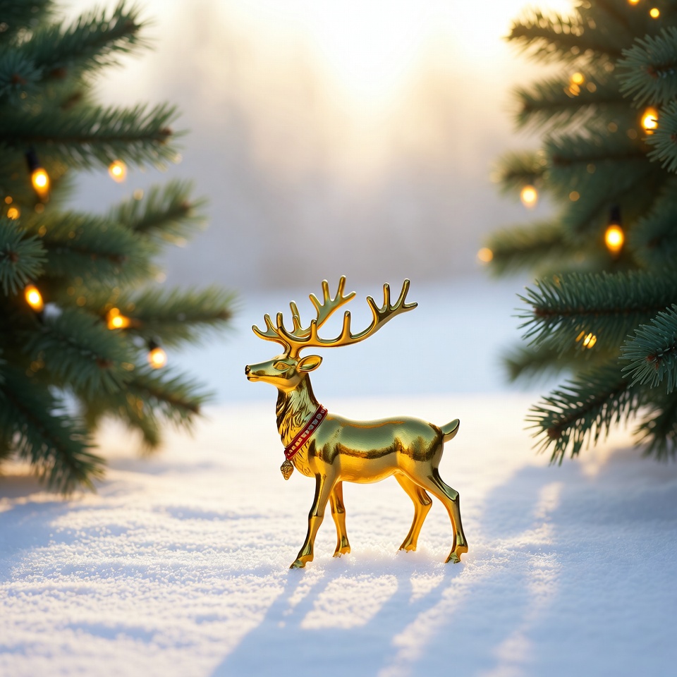 Golden reindeer in winter scene with snow Golden reindeer in winter scene with snow
