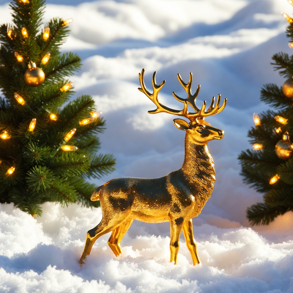Golden deer among christmas trees and snow Golden deer among christmas trees and snow