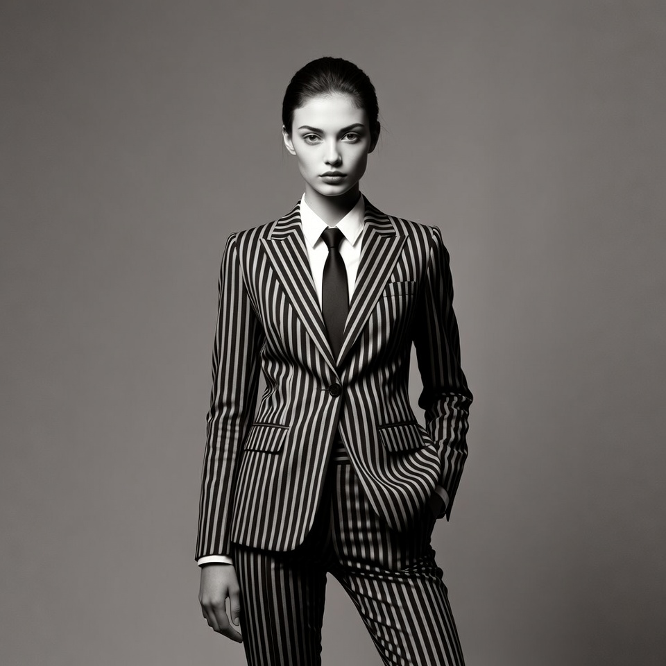 Model poses in striped suit Model poses in striped suit