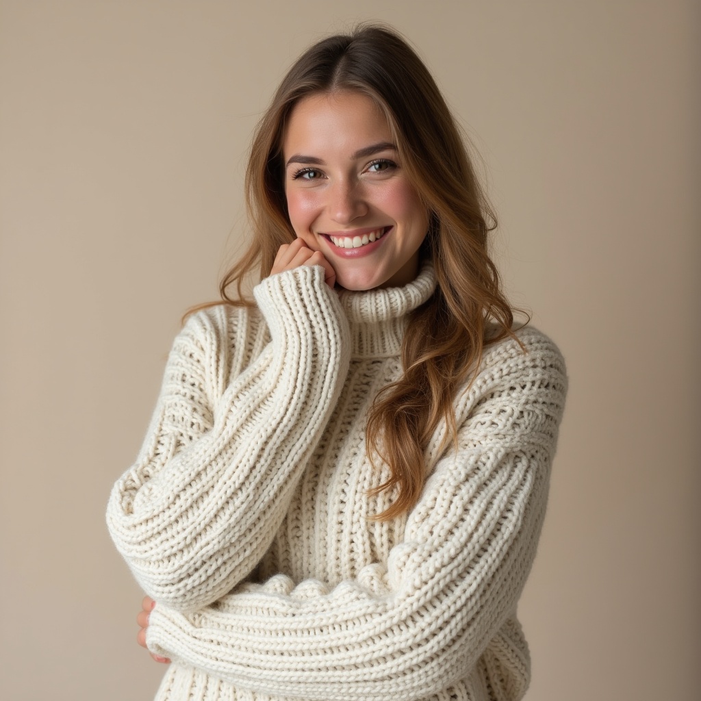 Woman smiling in cozy sweater Woman smiling in cozy sweater
