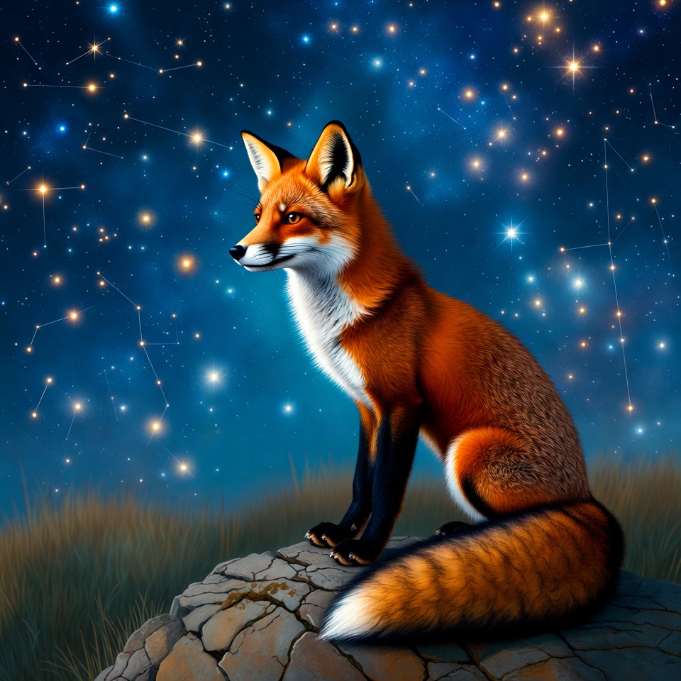 Fox sitting under starry sky Fox sitting under starry sky