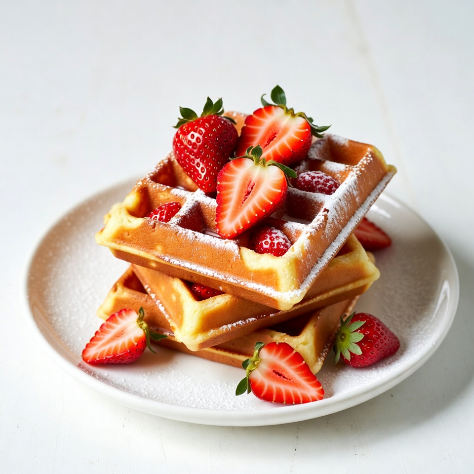 Strawberry waffles with sugar dust Strawberry waffles with sugar dust