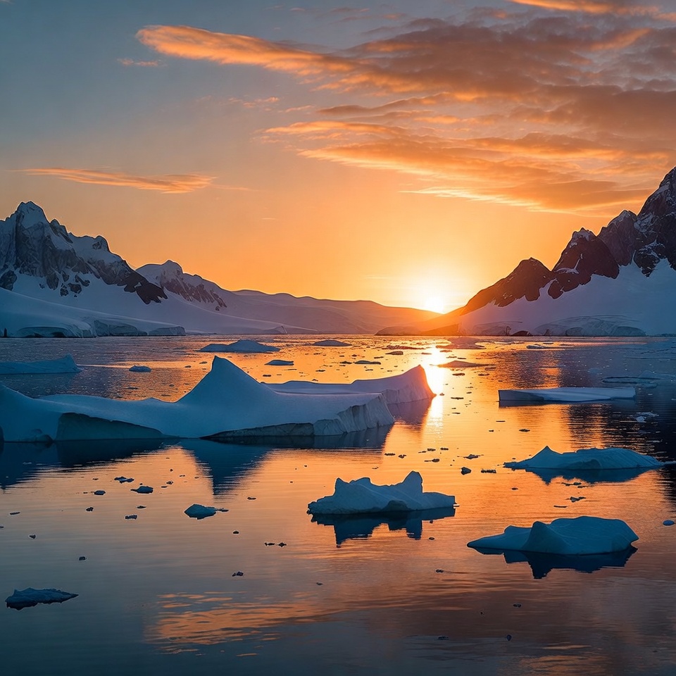 Sunset over icy waters and mountains Sunset over icy waters and mountains