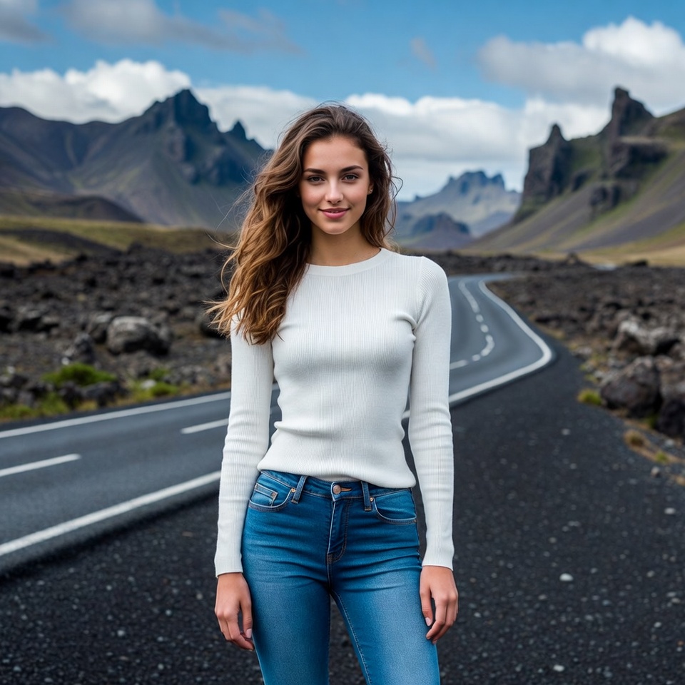 Woman standing on a road in iceland Woman standing on a road in iceland