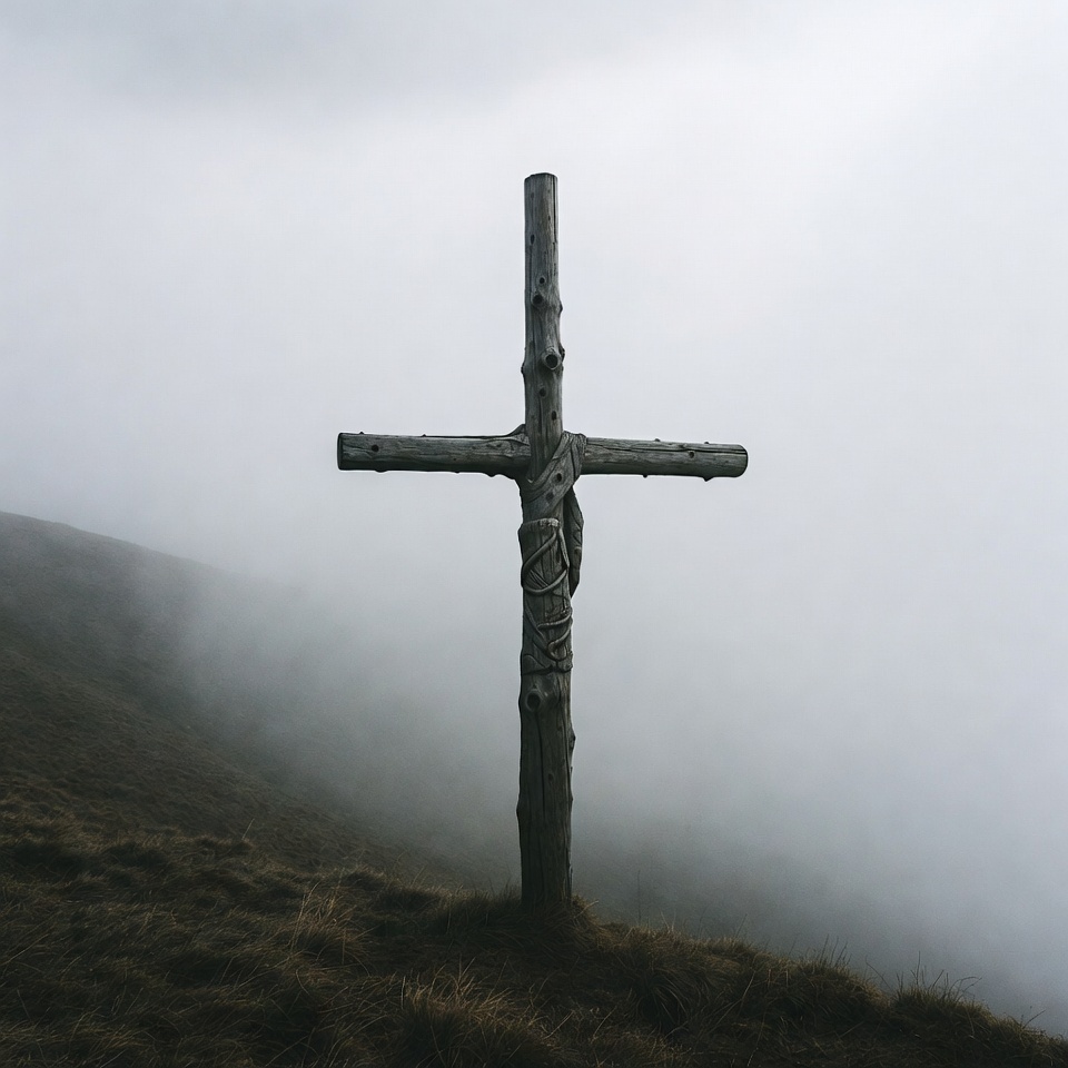 Wooden cross in foggy landscape Wooden cross in foggy landscape